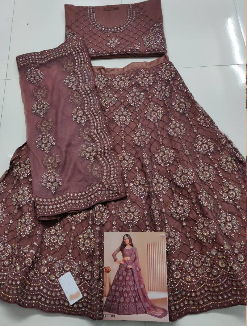 Blast-Off Bronze Brown Coding Embroidered 2-Layer With Net And Silk Satin Semi Stitched Lehenga