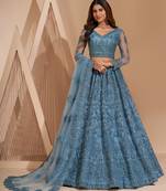 Bewitching Air Superiority Dark Pastel Blue Coding Embroidered Net & Silk Satin Lehenga choli for wedding