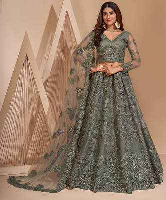Fetching Dark Silver Limed Ash Grey Coding Embroidered Net & Silk Satin Lehenga Choli For Bride 1