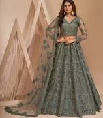Fetching Dark Silver Limed Ash Grey Coding Embroidered Net & Silk Satin Lehenga Choli For Bride