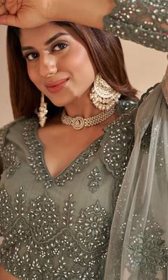 Fetching Dark Silver Limed Ash Grey Coding Embroidered Net & Silk Satin Lehenga Choli For Bride 2