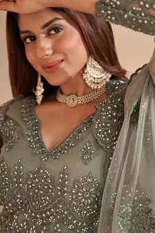 Fetching Dark Silver Limed Ash Grey Coding Embroidered Net & Silk Satin Lehenga Choli For Bride