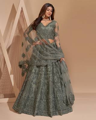 Fetching Dark Silver Limed Ash Grey Coding Embroidered Net & Silk Satin Lehenga Choli For Bride 3