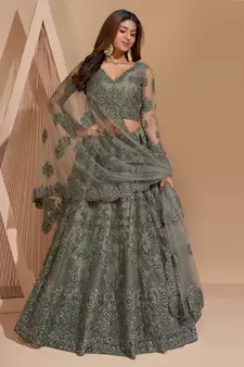 Fetching Dark Silver Limed Ash Grey Coding Embroidered Net & Silk Satin Lehenga Choli For Bride