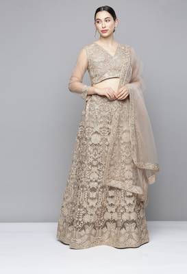Beige sequins net semi stitched lehenga 1