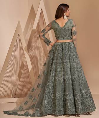 Fetching Dark Silver Limed Ash Grey Coding Embroidered Net & Silk Satin Lehenga Choli For Bride 4
