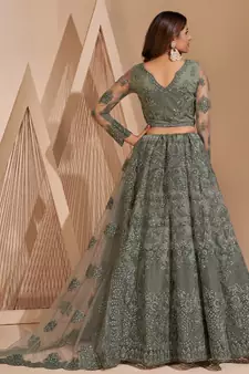 Fetching Dark Silver Limed Ash Grey Coding Embroidered Net & Silk Satin Lehenga Choli For Bride