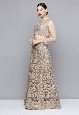 Beige sequins net semi stitched lehenga 3