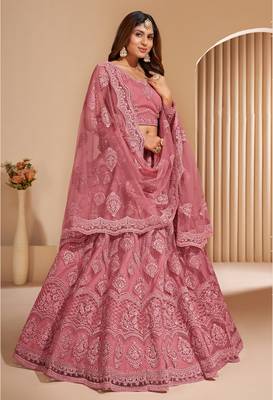 Deep Blush Dusty Pink Coding Embroidered Net & Silk Satin Semi Stitched Lehenga Choli For Bride 2