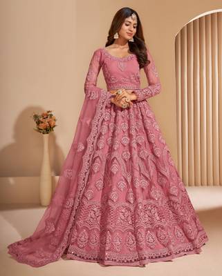 Deep Blush Dusty Pink Coding Embroidered Net & Silk Satin Semi Stitched Lehenga Choli For Bride 1