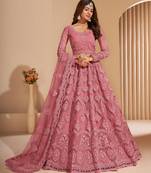 Deep Blush Dusty Pink Coding Embroidered Net & Silk Satin Semi Stitched Lehenga Choli For Bride