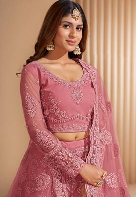 Deep Blush Dusty Pink Coding Embroidered Net & Silk Satin Semi Stitched Lehenga Choli For Bride 3