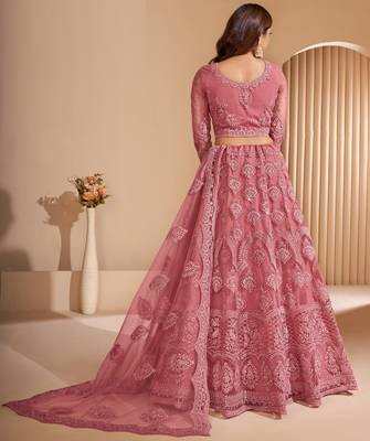 Deep Blush Dusty Pink Coding Embroidered Net & Silk Satin Semi Stitched Lehenga Choli For Bride 4