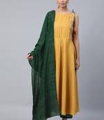 Yellow Sequence Embroidered Cotton Flared Kurta Pant With Dupatta
