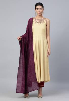Cream Sequence Embroidered Cotton Flared Kurta Pant With Dupatta 1