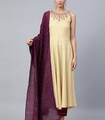 Cream Sequence Embroidered Cotton Flared Kurta Pant With Dupatta