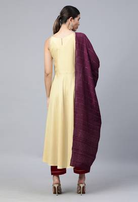 Cream Sequence Embroidered Cotton Flared Kurta Pant With Dupatta 2