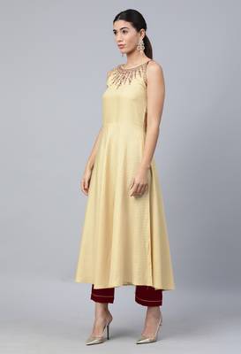 Cream Sequence Embroidered Cotton Flared Kurta Pant With Dupatta 3