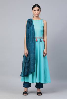 Sky Blue Sequence Embroidered Cotton Flared Kurta Pant With Dupatta 1