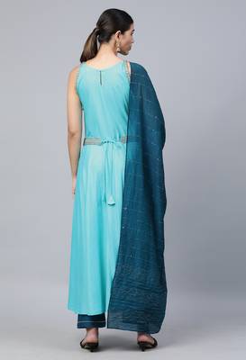Sky Blue Sequence Embroidered Cotton Flared Kurta Pant With Dupatta 2