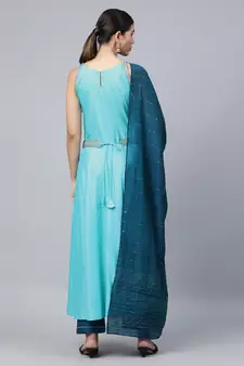 Sky Blue Sequence Embroidered Cotton Flared Kurta Pant With Dupatta