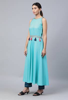 Sky Blue Sequence Embroidered Cotton Flared Kurta Pant With Dupatta 3