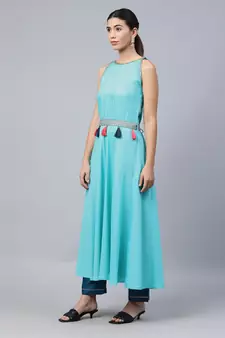Sky Blue Sequence Embroidered Cotton Flared Kurta Pant With Dupatta