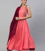 Peach Sequence Embroidered Cotton Flared Kurta Pant With Dupatta