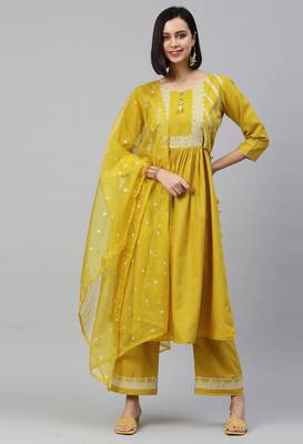 Mustard  Zari Embroidery with Sequence Ruby Cotton Kurta Pant With Dupatta 1