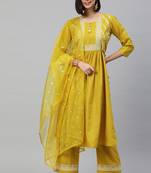 Mustard  Zari Embroidery with Sequence Ruby Cotton Kurta Pant With Dupatta
