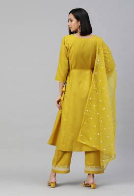 Mustard  Zari Embroidery with Sequence Ruby Cotton Kurta Pant With Dupatta 2