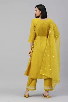 Mustard  Zari Embroidery with Sequence Ruby Cotton Kurta Pant With Dupatta