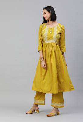Mustard  Zari Embroidery with Sequence Ruby Cotton Kurta Pant With Dupatta 3