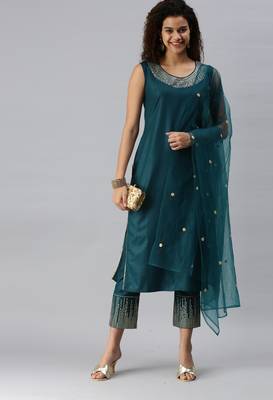 Teal Sequence Work Ruby Cotton Kurta Pant With Dupatta 1