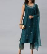 Teal Sequence Work Ruby Cotton Kurta Pant With Dupatta