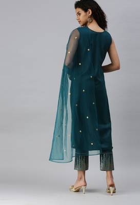 Teal Sequence Work Ruby Cotton Kurta Pant With Dupatta 2
