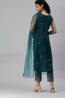 Teal Sequence Work Ruby Cotton Kurta Pant With Dupatta