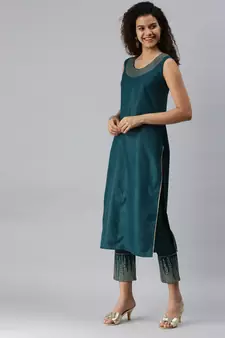 Teal Sequence Work Ruby Cotton Kurta Pant With Dupatta