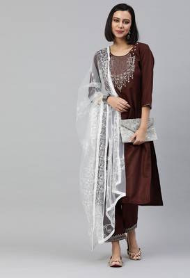 Brown Mirror Work Cotton Blend Kurta Pant With Dupatta 1
