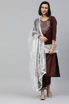 Brown Mirror Work Cotton Blend Kurta Pant With Dupatta