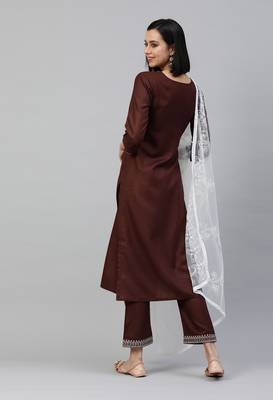 Brown Mirror Work Cotton Blend Kurta Pant With Dupatta 2