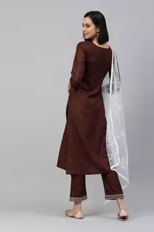 Brown Mirror Work Cotton Blend Kurta Pant With Dupatta