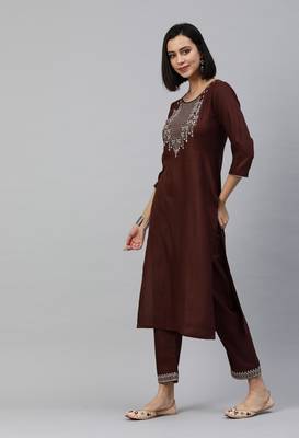Brown Mirror Work Cotton Blend Kurta Pant With Dupatta 3