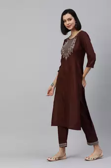 Brown Mirror Work Cotton Blend Kurta Pant With Dupatta