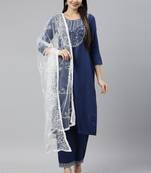 Blue Mirror Work Cotton Blend Kurta Pant With Dupatta