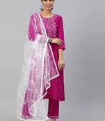 Pink Mirror Work Cotton Blend Kurta Pant With Dupatta