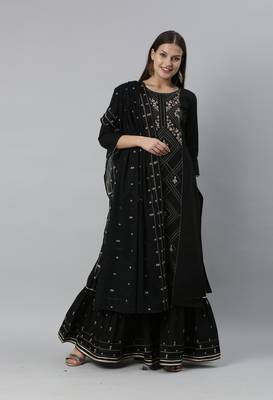 Black Zari Embroidered Pure Cotton Kurta Sharara With Dupatta 1