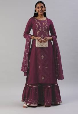 Wine Zari Embroidered Pure Cotton Kurta Sharara With Dupatta 1