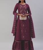 Wine Zari Embroidered Pure Cotton Kurta Sharara With Dupatta