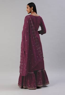 Wine Zari Embroidered Pure Cotton Kurta Sharara With Dupatta 2